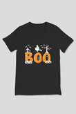 Halloween Baskılı Unisex Siyah V Yaka Tişört - Tshirt