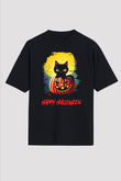 Halloween Kedicik Baskılı Unisex Siyah Tişört