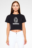 Handball Baskılı Crop Top Siyah Kadın Tişört - Tshirt