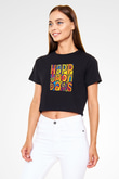 Happy Mondays Baskılı Siyah Crop Top Kadın Tişört - Tshirt