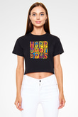Happy Mondays Baskılı Siyah Crop Top Kadın Tişört - Tshirt
