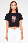 Hello Kity Half Skeleton Baskılı  Siyah  Crop Top Tişört