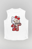 Hello Kity Half Skeleton Baskılı Unisex Beyaz Kolsuz Tişört