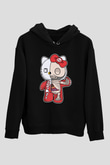 Hello Kity Half Skeleton Baskılı Unisex Siyah Hoodie