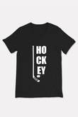 Hokey Baskılı Unisex Siyah V Yaka Tişört