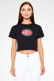 Hole Baskılı Siyah Crop Top Kadın Tişört - Tshirt