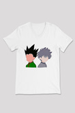 Hunter X Hunter Baskılı Beyaz Unisex V Yaka Tişört - Tshirt