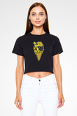 Ice Cream Bumble Bee Baskılı Siyah Kadın Crop Top Tişört