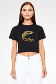 İguana Baskılı Siyah Crop Top Kadın Tişört - Tshirt
