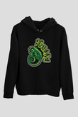 İguana Baskılı Unisex Siyah Hoodie