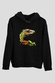 İguana Baskılı Unisex Siyah Hoodie