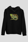 İguana Baskılı Unisex Siyah Hoodie