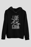 İguana Baskılı Unisex Siyah Hoodie