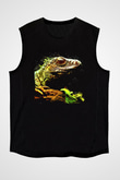 İguana Baskılı Unisex Siyah Kolsuz Tişört - Tshirt