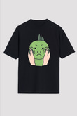 İguana Baskılı Unisex Siyah Oversize Tişört - Tshirt