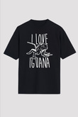 İguana Baskılı Unisex Siyah Oversize Tişört - Tshirt