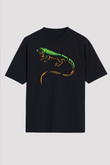 İguana Baskılı Unisex Siyah Oversize Tişört - Tshirt