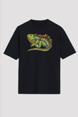 İguana Baskılı Unisex Siyah Oversize Tişört - Tshirt