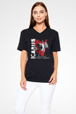 İkarus Baskılı Unisex Siyah V Yaka Tişört - Tshirt