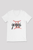 İkizler Burcu Baskılı Beyaz Unisex V Yaka Tişört - Tshirt