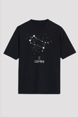 İkizler Burcu Baskılı Unisex Siyah Oversize Tişört - Tshirt