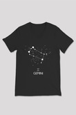 İkizler Burcu Baskılı Unisex Siyah V Yaka Tişört - Tshirt