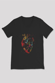 İnsan Kalbi Baskılı Unisex V Yaka Siyah Tİşört - Tshirt