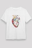 İnsan Kalbi Renkli Baskılı Unisex Beyaz Tişört - Tshirt