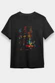 İnsan Kemikleri Renkli Baskılı Unisex Siyah Tişört - Tshirt