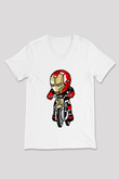 Iron Man Biker Baskılı Unisex Beyaz V Yaka Tişört