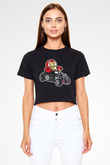 Iron Man Hotrod Baskılı Siyah Kadın Crop Top Tişört