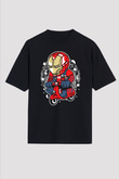 Iron Man Scooter Baskılı Unisex Siyah Oversize Tişört