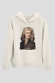 Isaac Newton Yazılı Portre Baskılı Unisex Ekru Hoodie