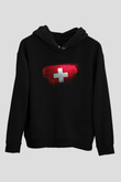 İsviçre - Switzerland Bayrağı Baskılı Unisex Siyah Hoodie