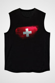 İsviçre - Switzerland Bayrağı Baskılı Unisex Siyah Kolsuz Tişört