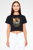 Jumanji Baskılı Siyah Crop Top Kadın Tişört - Tshirt