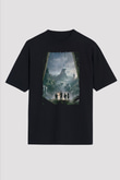 Jumanji Baskılı Unisex Siyah Oversize Tişört - Tshirt