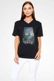 Jumanji Baskılı Unisex Siyah V Yaka Tişört - Tshirt
