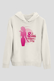 Kadınlar Günü Baskılı Beyaz Unisex Kapüşonlu Sweatshirt