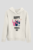 Kadınlar Günü Baskılı Beyaz Unisex Kapüşonlu Sweatshirt