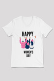 Kadınlar Günü Baskılı Beyaz Unisex V Yaka Tişört - Tshirt