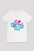 Kadınlar Günü Baskılı Beyaz Unisex V Yaka Tişört - Tshirt