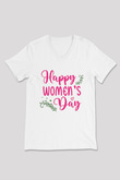 Kadınlar Günü Baskılı Beyaz Unisex V Yaka Tişört - Tshirt