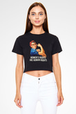 Kadınlar Günü Baskılı Siyah Crop Top Kadın Tişört - Tshirt