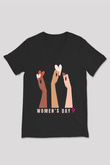 Kadınlar Günü Baskılı Unisex Siyah V Yaka Tişört - Tshirt