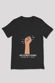 Kadınlar Günü Baskılı Unisex Siyah V Yaka Tişört - Tshirt
