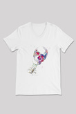 Kafatası Anatomi Baskılı Unisex V Yaka Beyaz Tişört - Tshirt