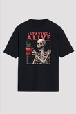 Kahve İçen İskelet Baskılı Unisex Siyah Tişört