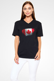 Kanada - Canada Bayrağı Baskılı Unisex Siyah V Yaka Tişört