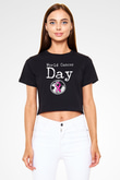 Kanser Günü Baskılı Siyah Crop Top Kadın Tişört - Tshirt